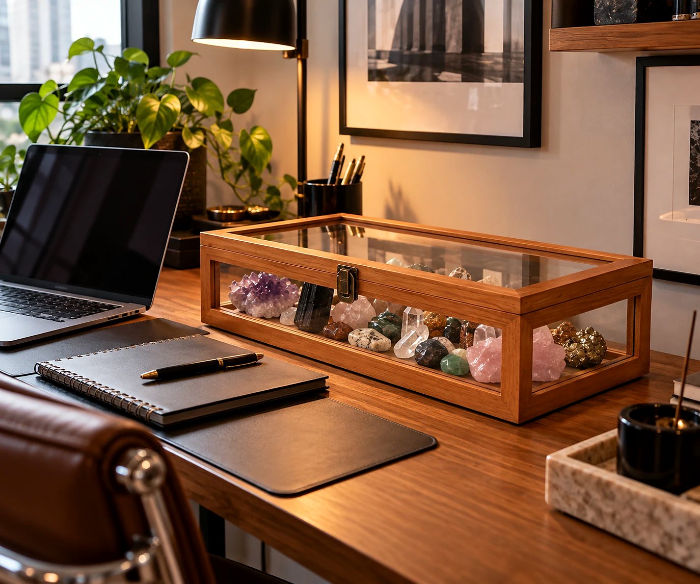 Arca de cristais sobre a mesa do escritório, ao lado do notebook